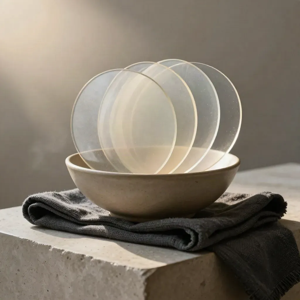 Macro of acrylic discs, ceramic bowl and charcoal cloth lit by a passing strip of light.