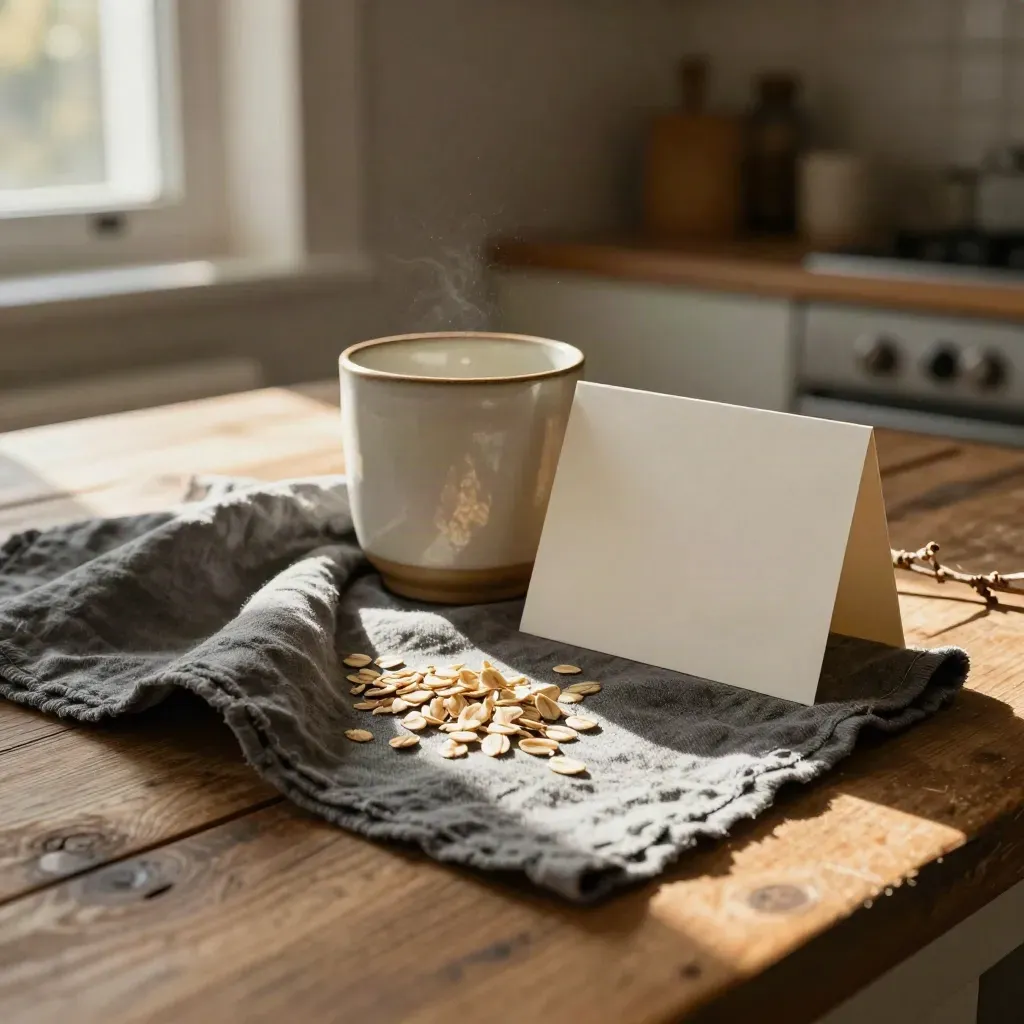 Cozy still-life of a reflector card, ceramic cup, cloth, and dried branch on a kitchen table.