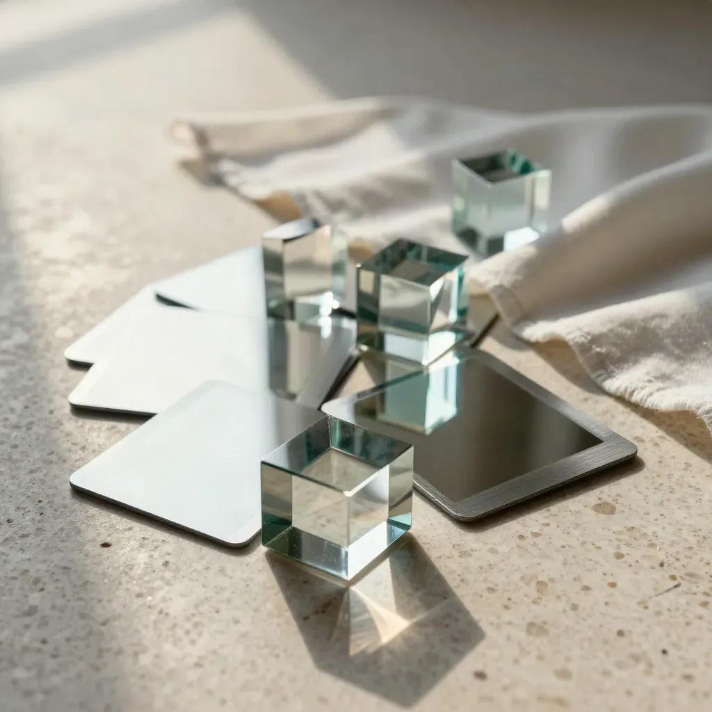 Glass blocks, mirrored cards and muslin catching moving light on a studio floor.