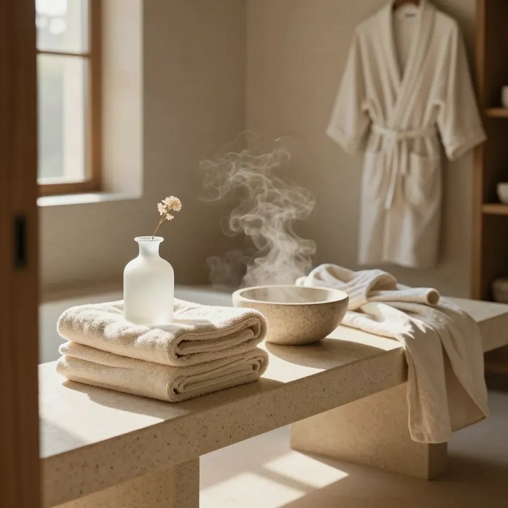 Spa towels, robe, vase and stone bowl in soft morning light on a travertine bench.