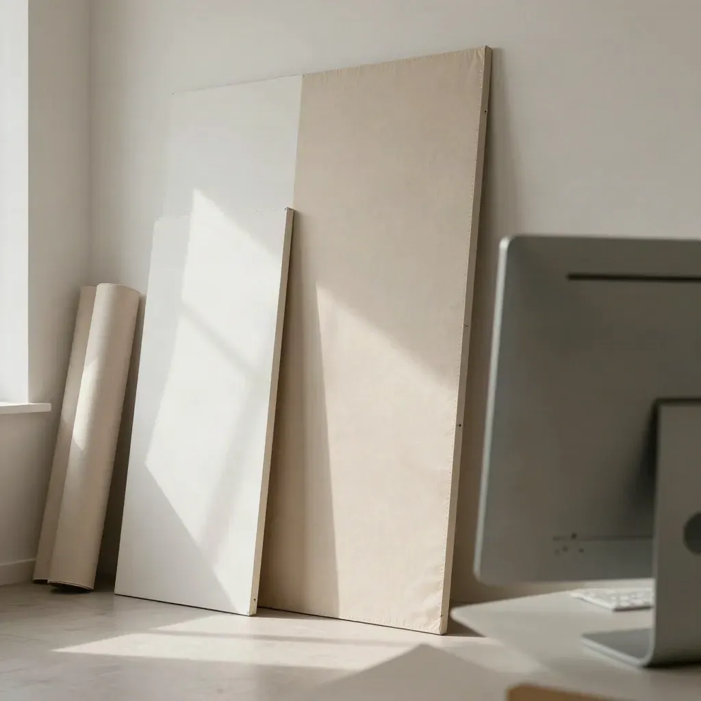 Fashion studio set with calico panels, angled monitor and plaster wall in soft daylight.