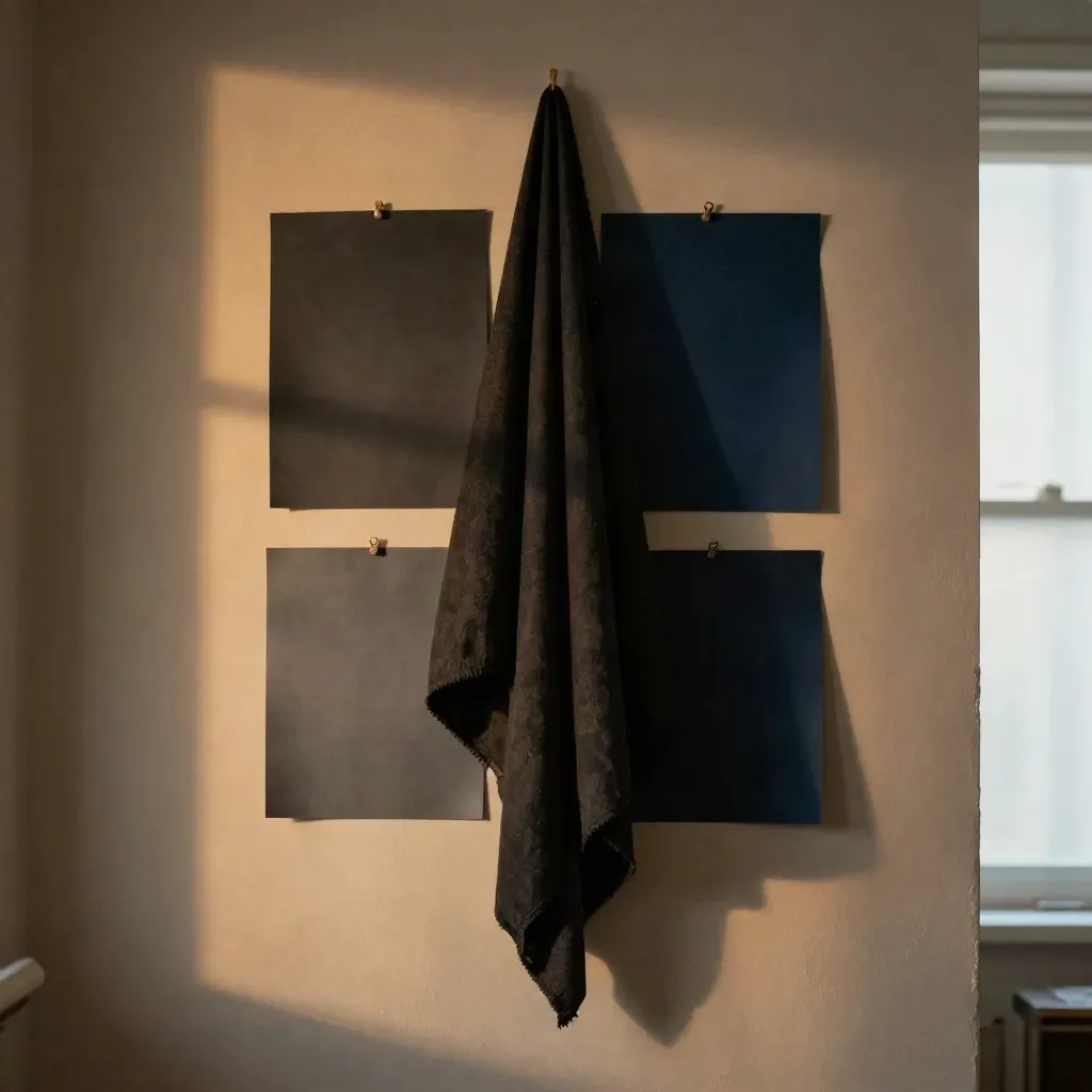 Studio wall with pinned paper shapes, blackout cloth, and a strip of window light.