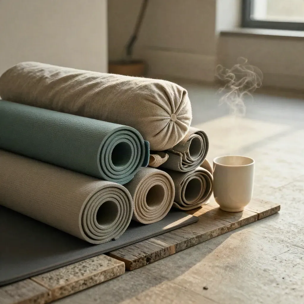 Low floor-level view of yoga mats, linen props and a ceramic cup in a hazy studio.